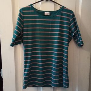 2/$25 Women's LuLaRoe Short Sleeve Tee Striped Green Pink Size Large 90s Y2K